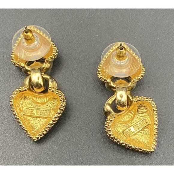 Vintage E. Pearl Signed Gold Tone Heart Drop Earrings Textured Dangle Caviar 1.5 - Picture 7 of 8